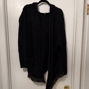 Free People Black Hooded Fringe Open-Front Cardigan